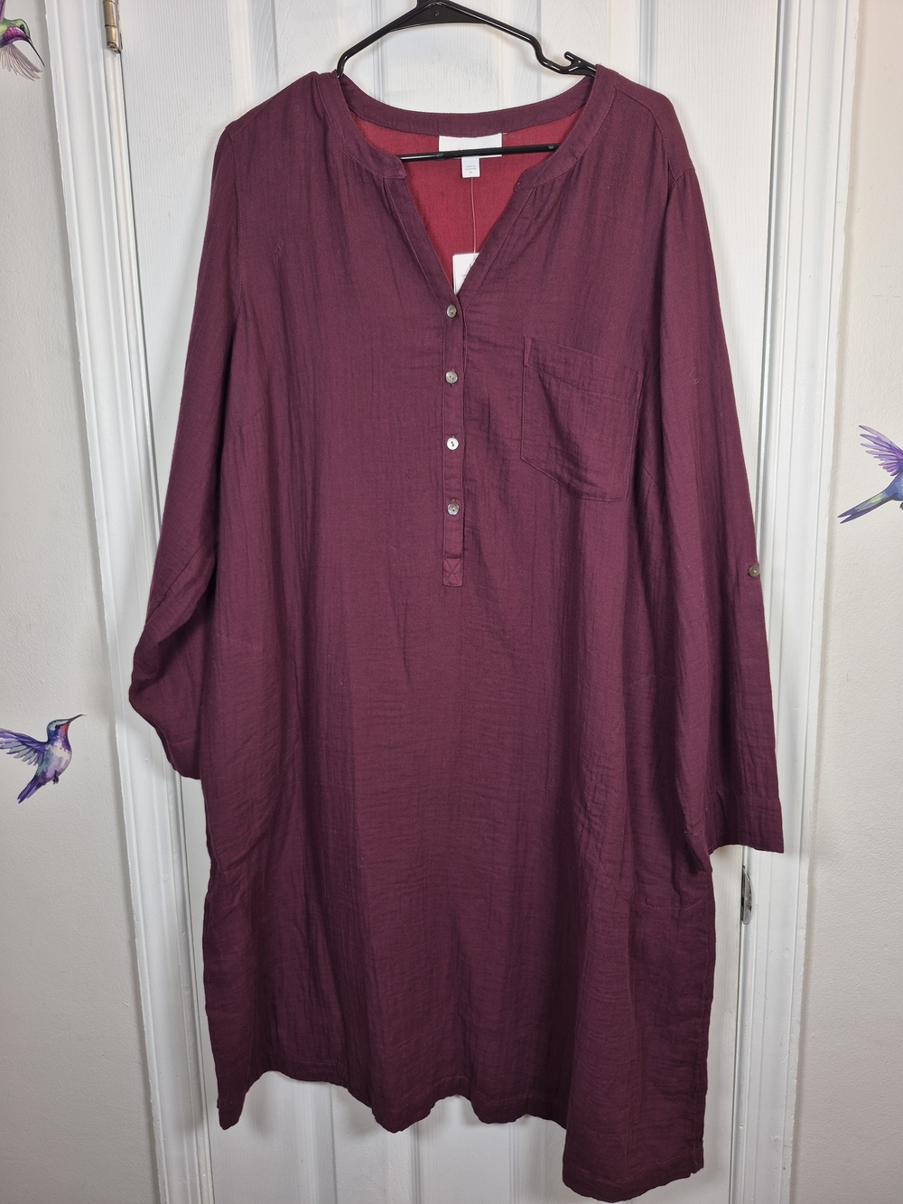 NWT Pure Jill Burgundy Organic Cotton Gauze Henley Lagenlook Tunic Dress XL